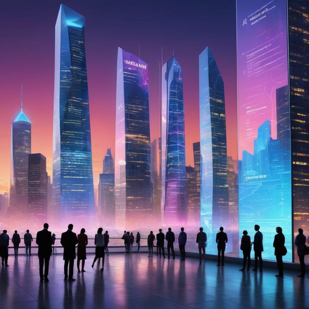A futuristic digital landscape illustrating a diverse group of people interacting with transparent screens showcasing web-based insurance options. In the background, sleek skyscrapers reflect technological innovations, while symbols of protection like shields and data streams flow around them. The atmosphere should convey a sense of security and advancement, blending virtual and real-world elements. Vivid colors burst from the screens, and soft light creates a welcoming ambiance. super-realistic. vibrant colors. digital art.