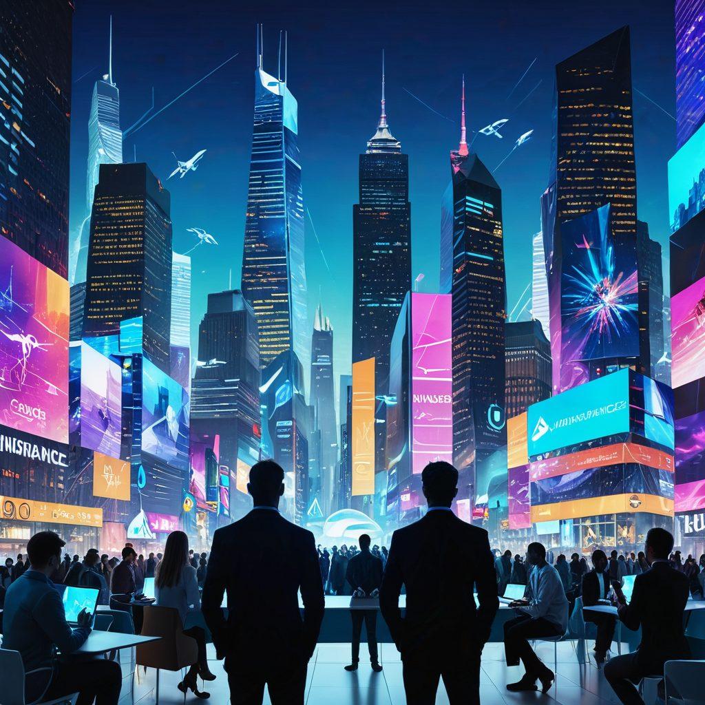 A futuristic cityscape featuring diverse people interacting with digital devices showcasing insurance apps and online coverage solutions. Incorporate holographic displays illustrating various insurance options and a bright, innovative atmosphere. The skyline should be sleek with advanced technology elements. Use vibrant colors to highlight the transition to online solutions. super-realistic. vibrant colors. digital art.