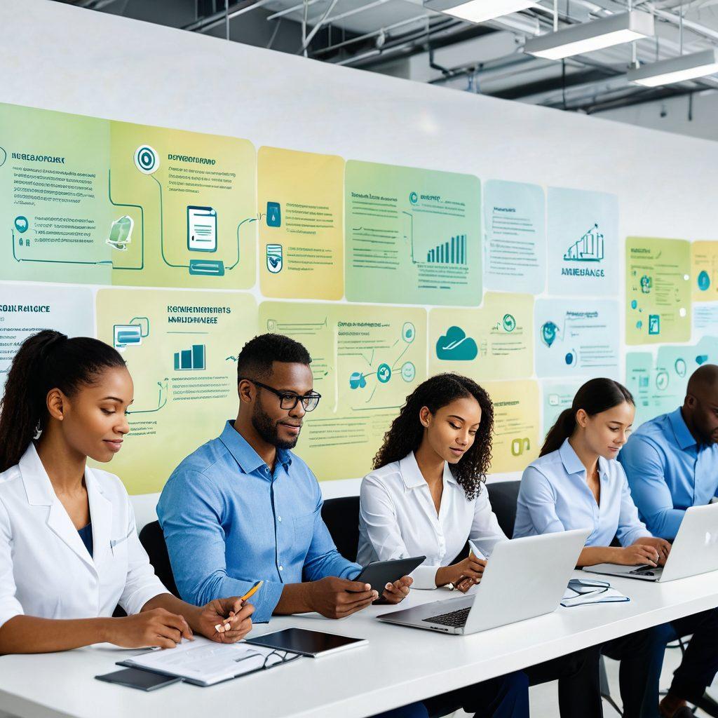 A modern digital landscape showcasing a diverse group of professionals engaging with insurance technology on laptops and tablets. Visual elements include simplified flowcharts and online policy documents floating around them. Emphasize a sense of clarity and accessibility in insurance. Blend in soft, inviting colors to evoke a user-friendly atmosphere. super-realistic. vibrant colors. white background.